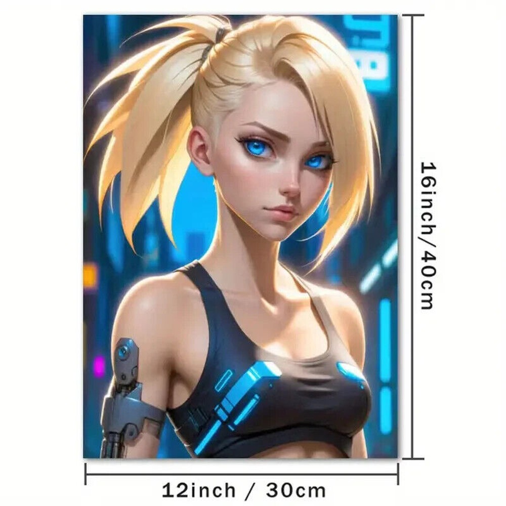 Anime Cyberpunk Girl With Blue Eyes Vibrant Artistic Canvas Print 12" X 16" Art:Art Prints Style Your Walls